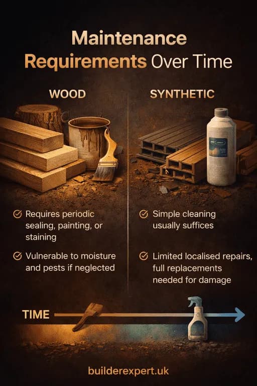 Infographic showing maintenance requirements over time for wood and synthetic building materials in residential construction, highlighting upkeep frequency and long-term care differences