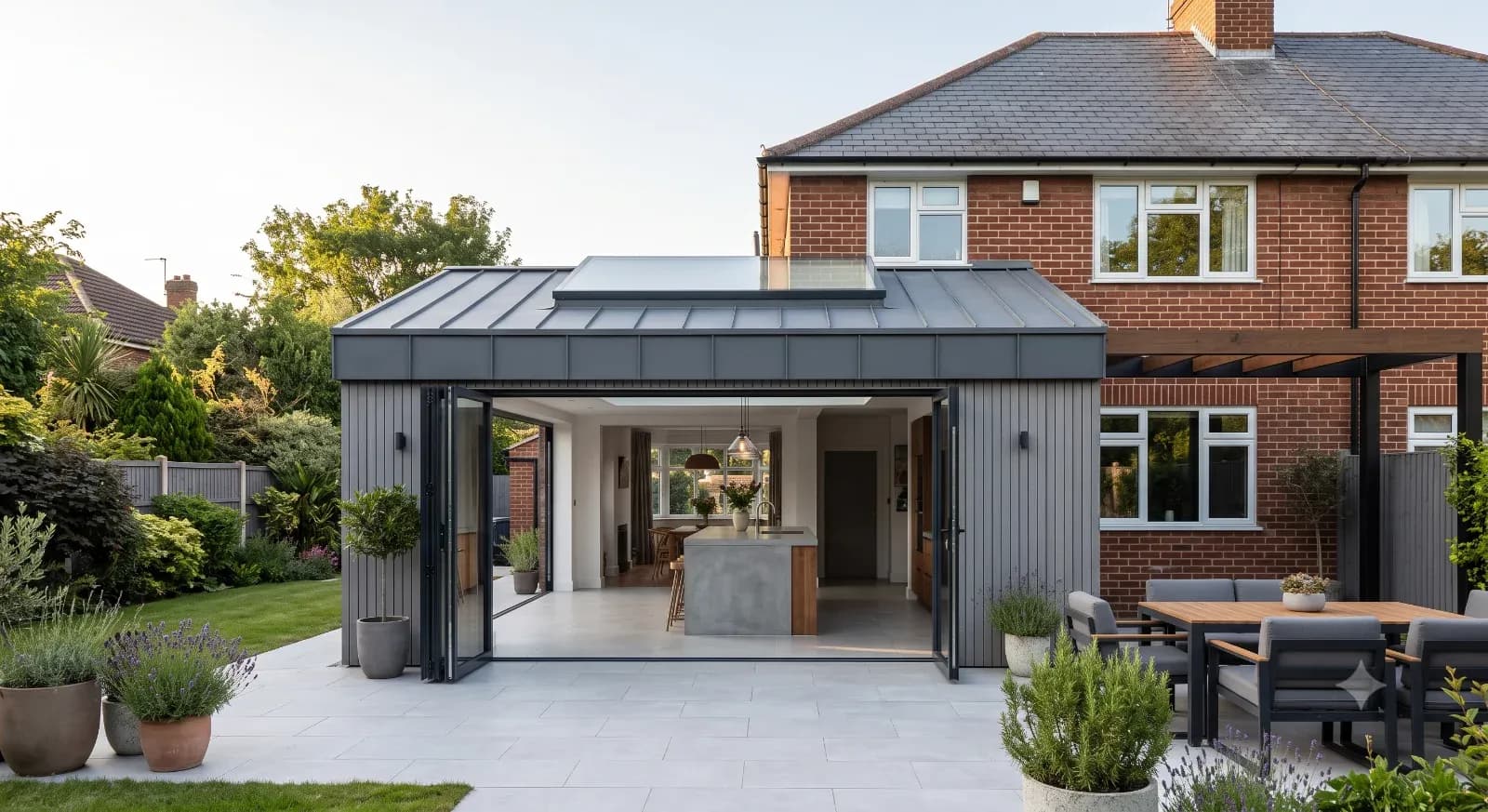 Contemporary single storey rear extension with zinc roof and open bifold doors on a red-brick semi-detached UK home