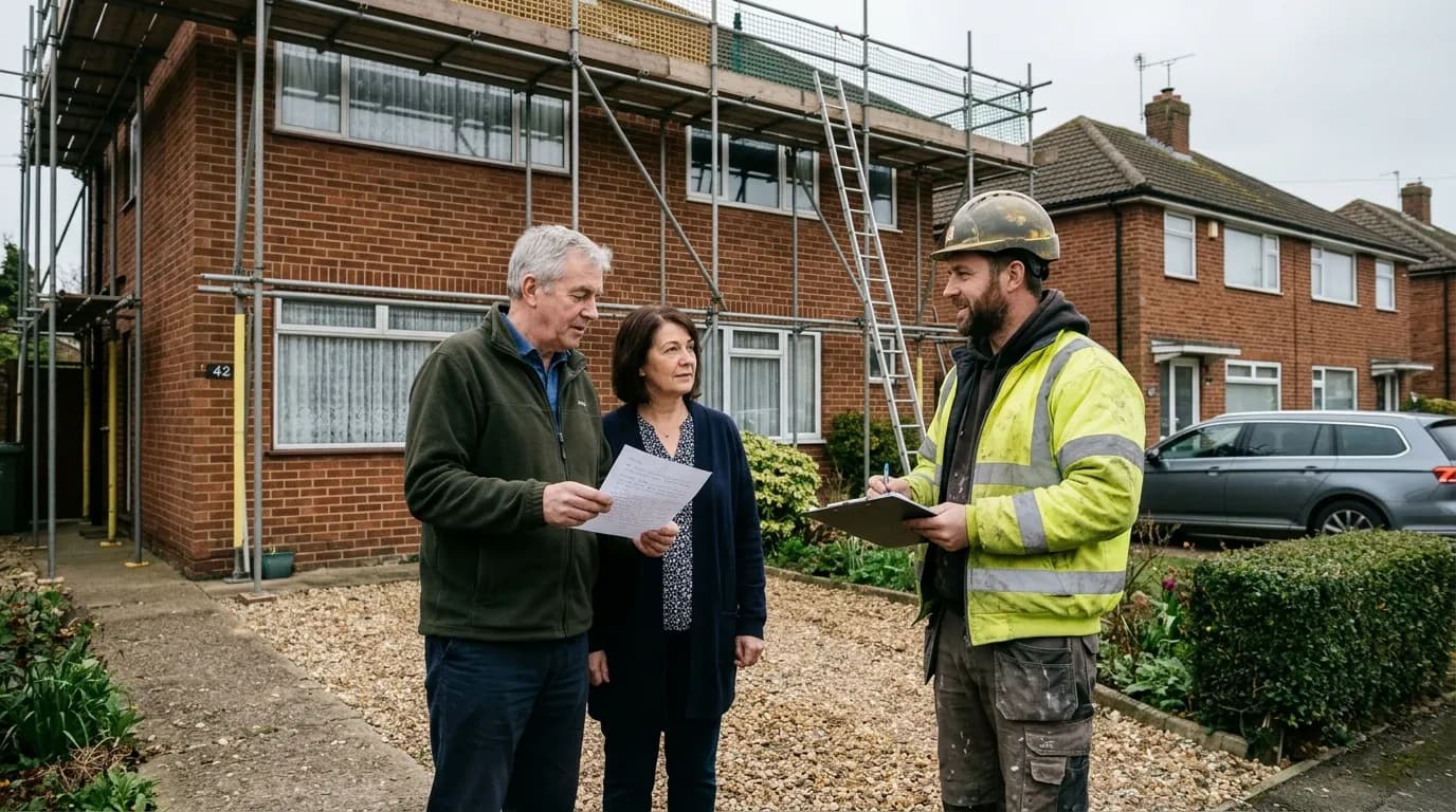 Neighbour and builder discussing a party wall notice outside a semi-detached house