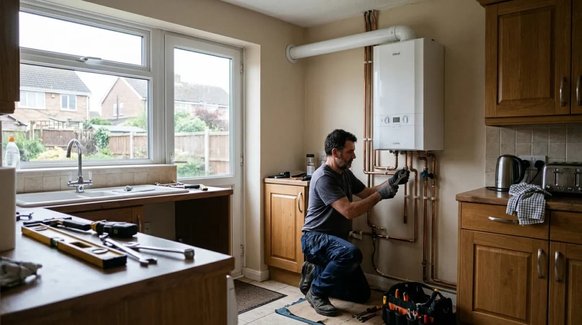 heating engineer fitting a new combi boiler in a UK kitchen, new boiler cost uk