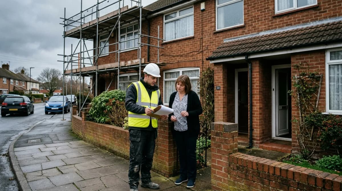 Builder discussing a party wall agreement notice with a neighbour outside a UK semi-detached house