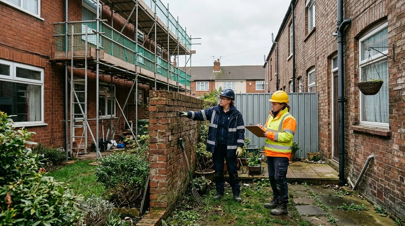 Surveyors inspecting a shared boundary wall for a party wall award