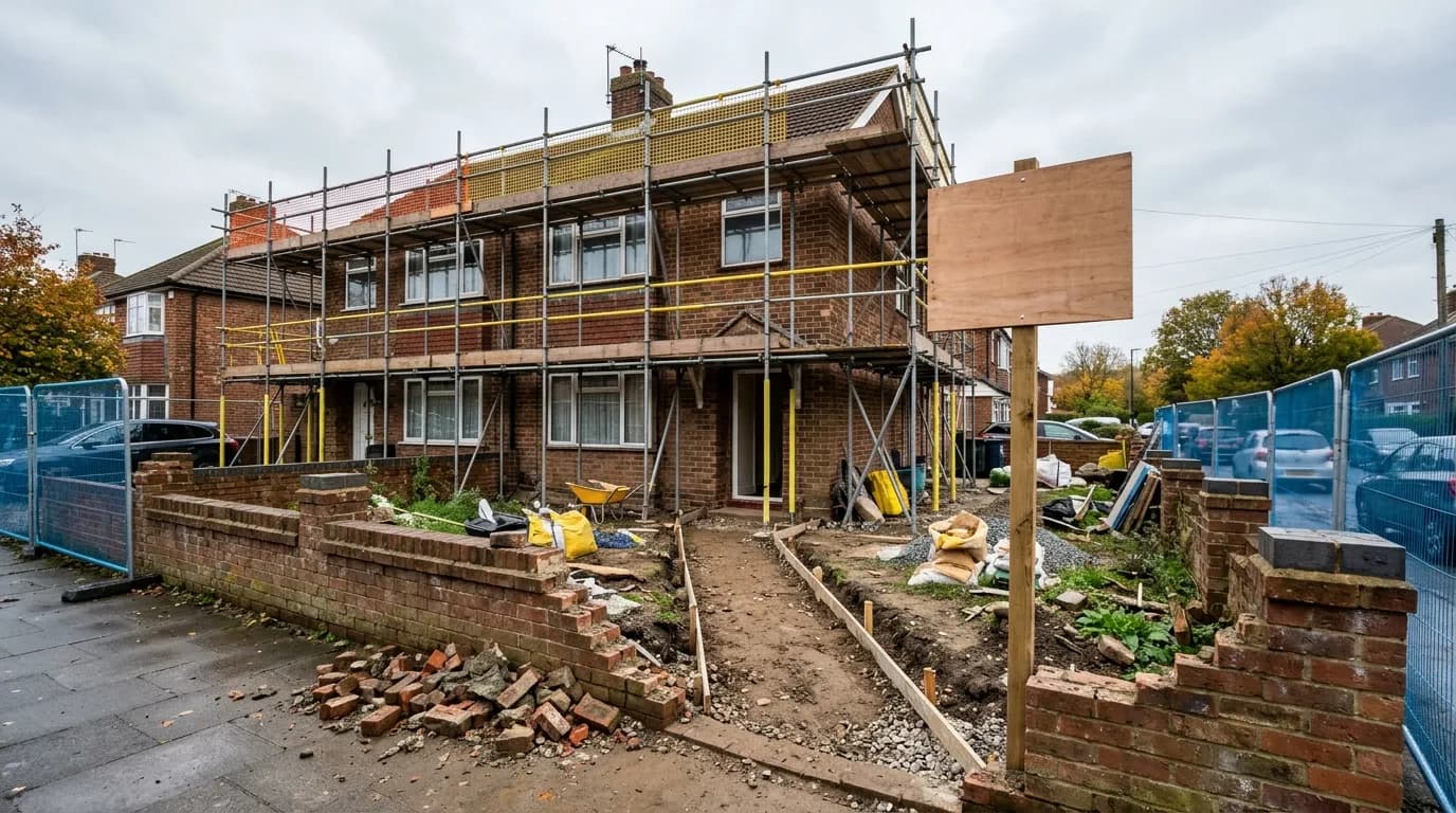 planning application notice board outside a UK house before building control and planning fees are paid