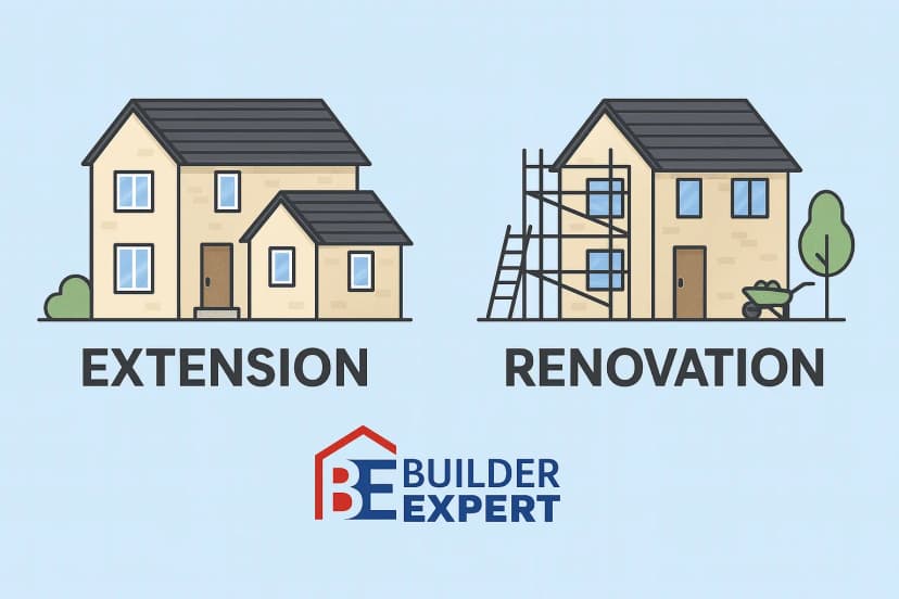 Infographic comparing UK house extension and renovation costs per square metre in 2025
