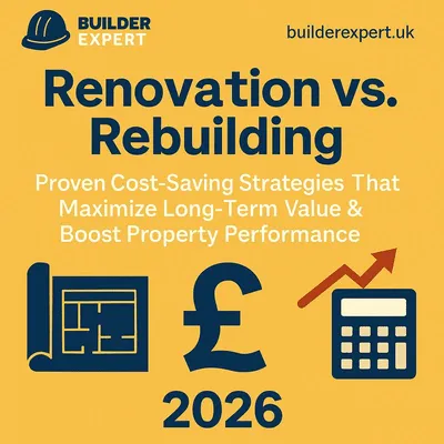 Infographic comparing renovation vs rebuilding costs for UK homeowners, showing budget factors and long-term value