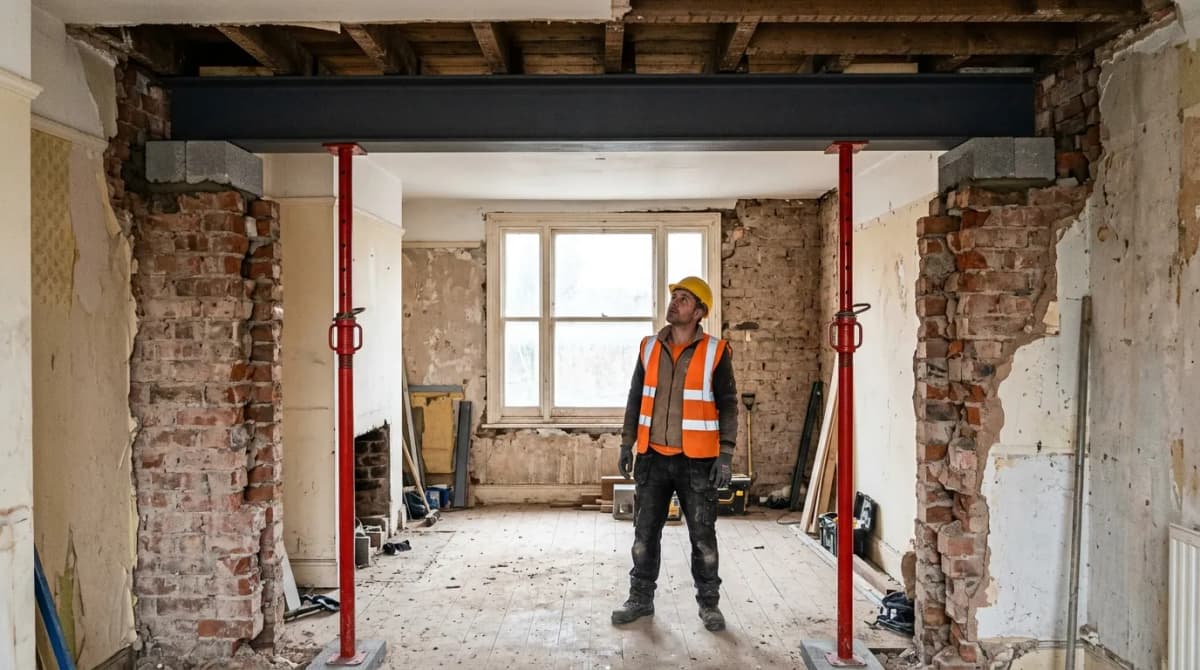 Steel beam installed at ceiling level on padstones over a knocked-through opening, the work behind a typical RSJ cost in the UK