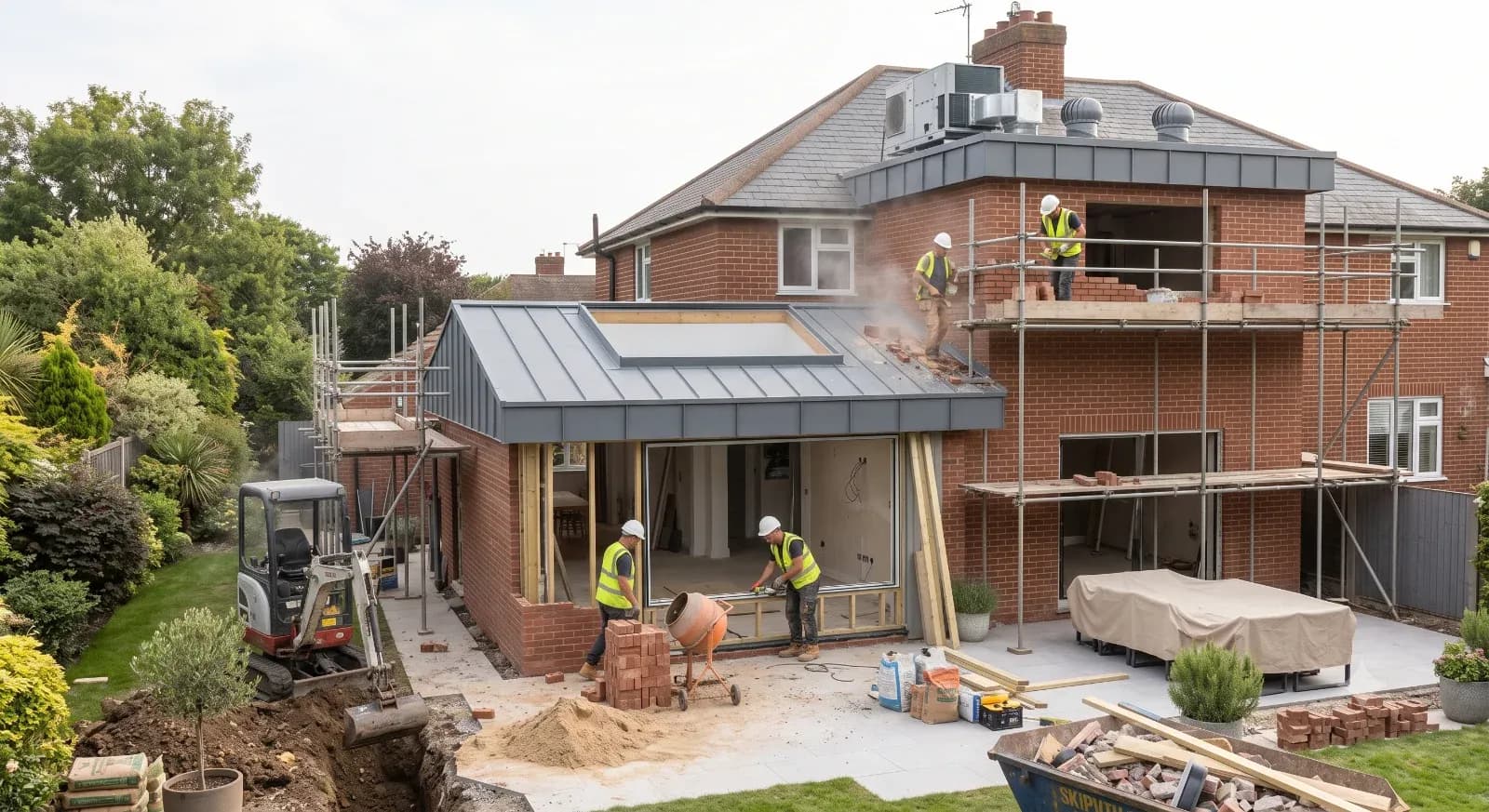 Builders constructing a single storey rear extension with zinc roof, cement mixer and scaffolding on a UK home