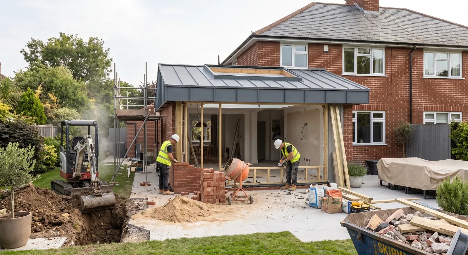 Builders constructing a single storey rear extension with zinc roof, bricklaying and cement mixer on a UK semi-detached