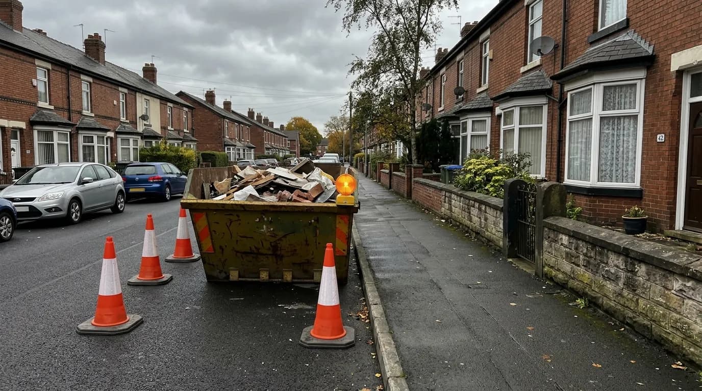 Skip with permit cones and lights on a UK public road