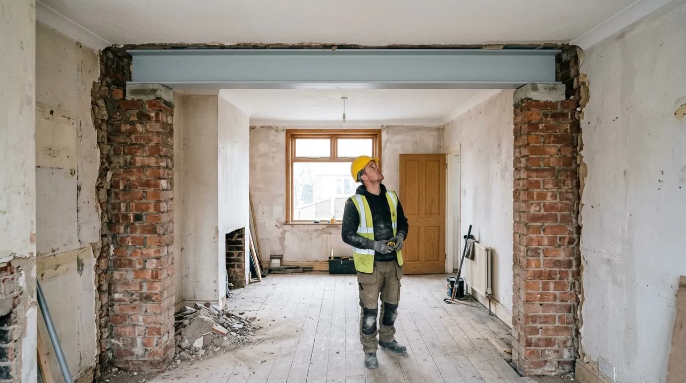 Slim steel beam fitted tight under the ceiling over a removed load-bearing wall, each end on a narrow brick pier and padstone