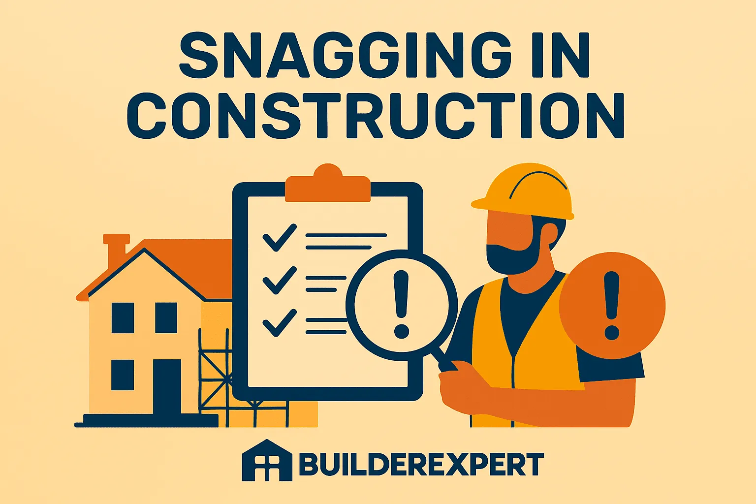 Infographic explaining snagging in construction, common defects and the handover process for UK builders