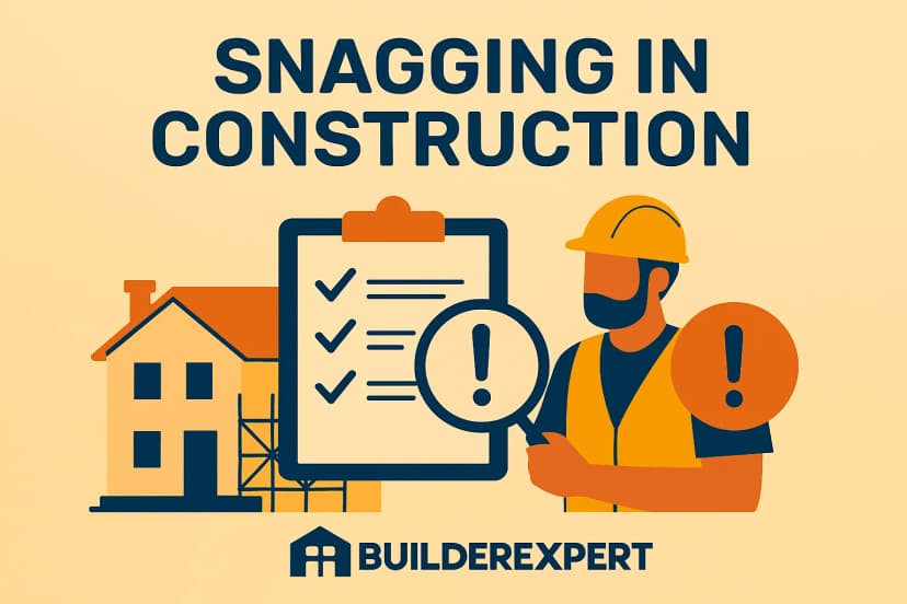 Infographic explaining snagging in construction, common defects and the handover process for UK builders