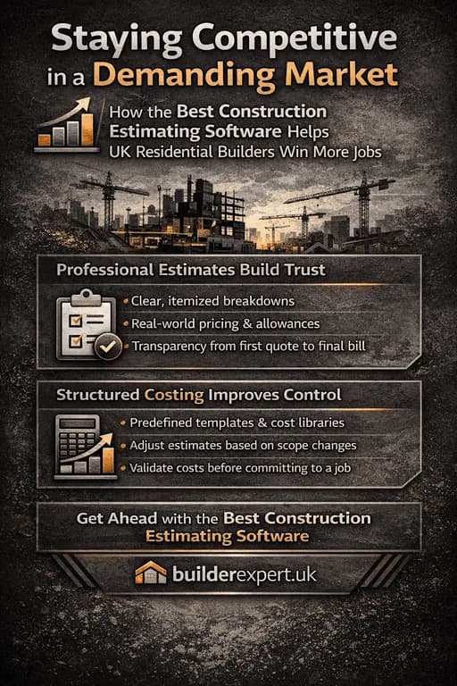 Infographic showing how UK residential builders can stay competitive in a demanding market by using construction estimating software, highlighting professional estimates, structured costing, and improved cost control.