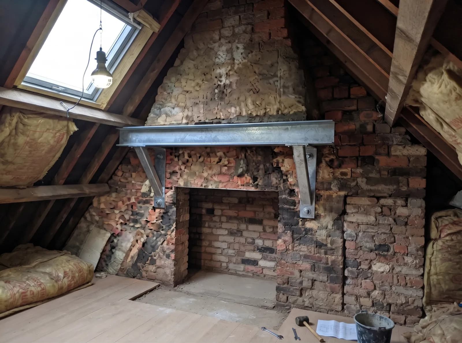 RSJ steel beam installed horizontally between brick walls in a loft space, showing structural support work in progress