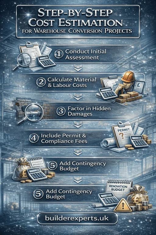 Step-by-step cost estimation for warehouse conversion projects infographic showing key stages builders follow to estimate renovation costs accurately.