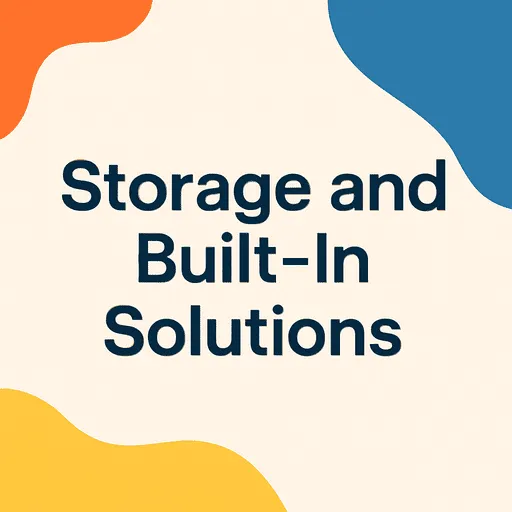 Infographic titled “Storage and Built-In Solutions” showing colourful modern shapes, illustrating home storage optimisation and built-in furniture concepts.