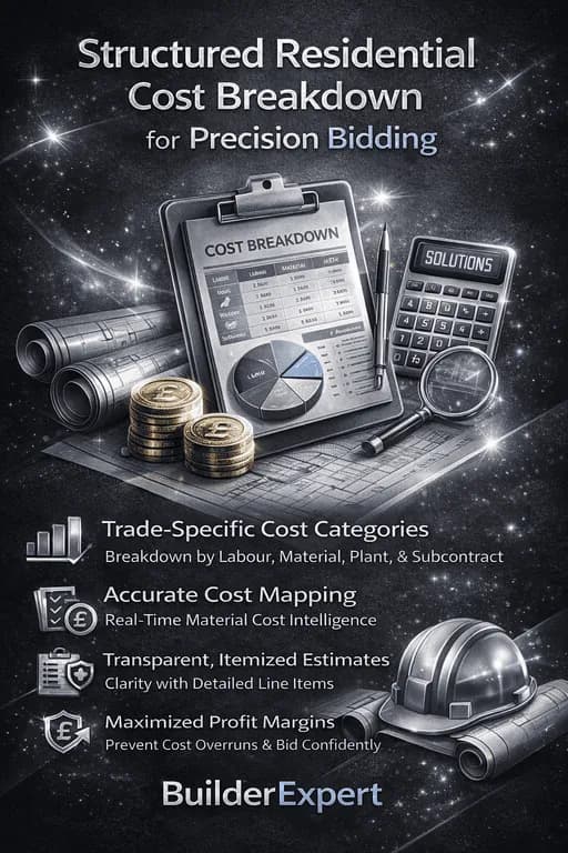 Structured Residential Cost Breakdown for Precision Bidding infographic in dark charcoal and metallic silver design, featuring trade-based cost categories, profit margin control and real-time UK material cost intelligence with bold construction graphics.