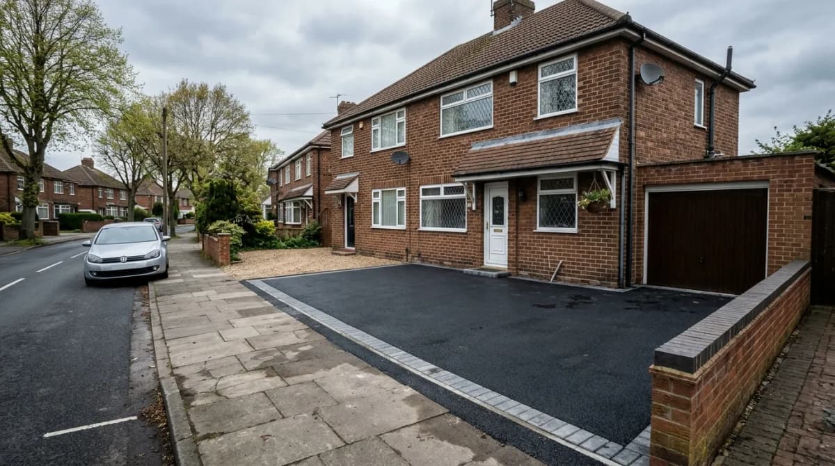 driveway tarmac prices UK house with freshly laid tarmac driveway