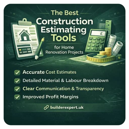 Infographic on the best construction estimating tools for UK home renovation projects and accurate cost planning