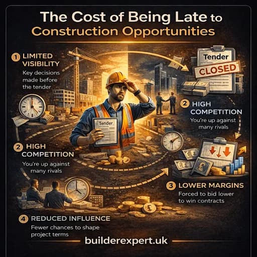 The cost of entering UK construction projects late, showing reduced margins, high competition, and limited influence