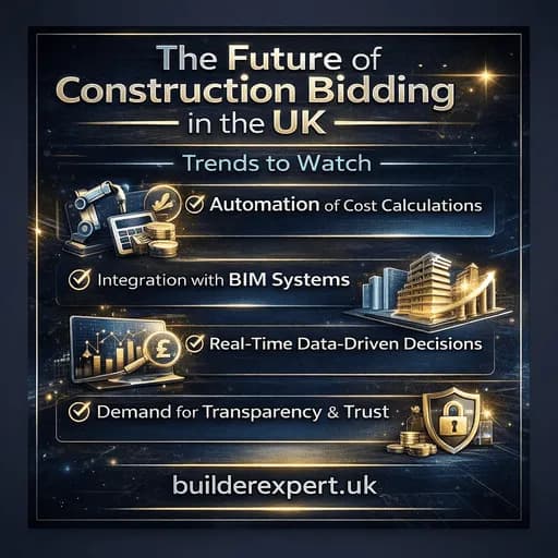 Infographic showing the future of construction bidding in the UK with trends like automation, BIM integration, and real-time data in a blue and gold professional design