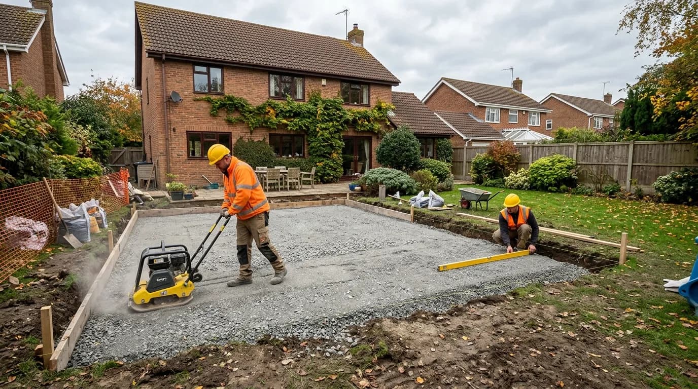 MOT Type 1 sub-base being compacted before a concrete slab