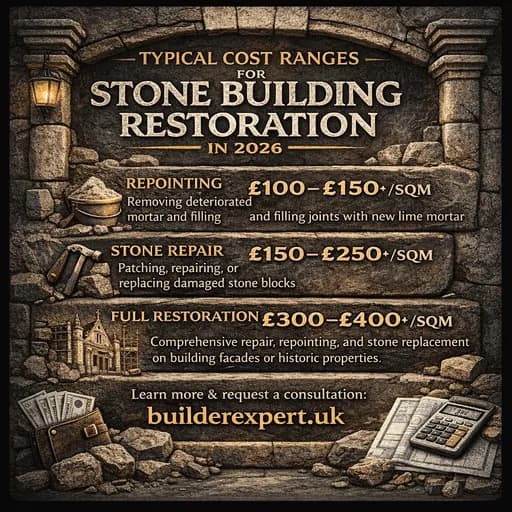 Infographic illustrating typical cost ranges for stone building restoration in the UK in 2026, including repointing, stone repair, and full restoration price estimates per square metre.