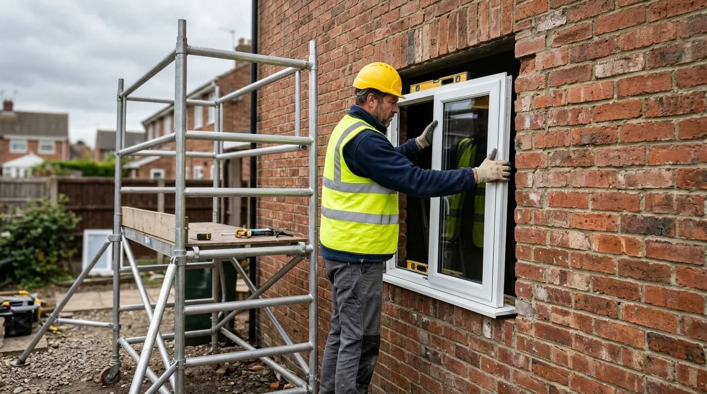 builder fitting a uPVC window supplied for a UK house
