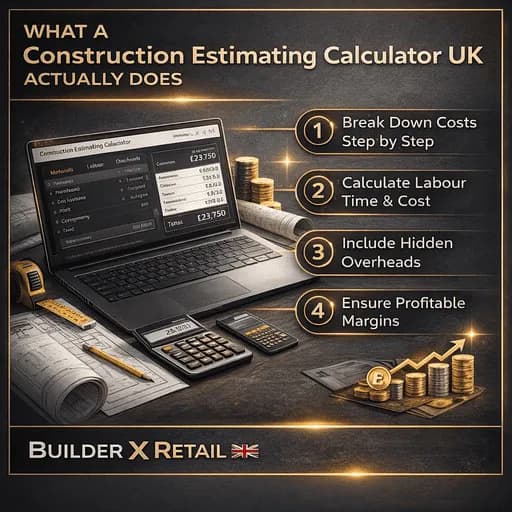 Construction estimating calculator UK infographic explaining how builders break down costs, calculate labour, and ensure accurate project pricing