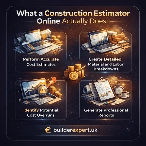 Infographic explaining what a construction estimator online actually does, including cost estimation, material and labour breakdowns, cost control, and professional reporting for residential projects.