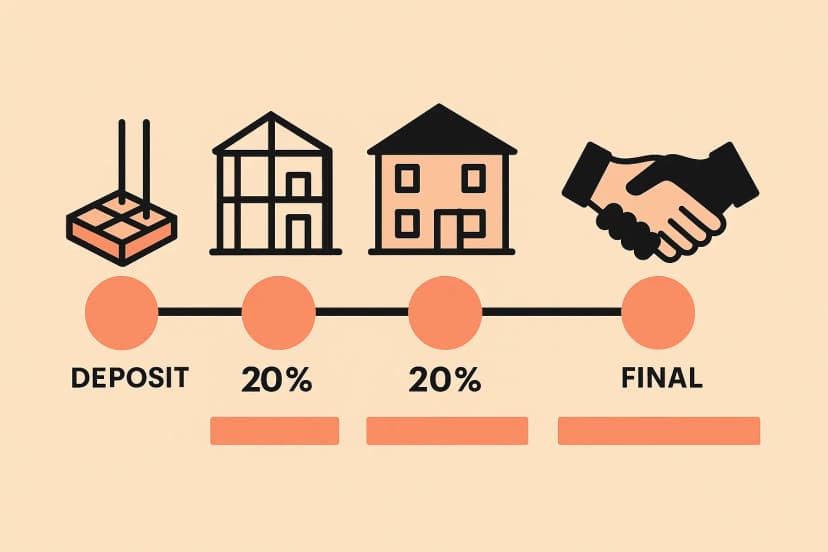 Infographic explaining a fair UK construction payment schedule with deposits and staged milestone payments