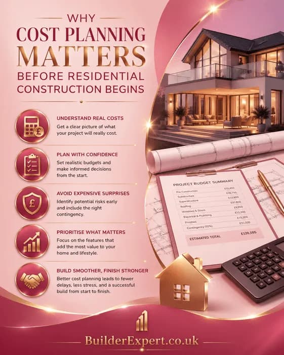 Vertical infographic in pink and gold tones explaining why cost planning matters before residential construction begins, featuring UK budgeting visuals, house imagery, and BuilderExpert.co.uk branding.