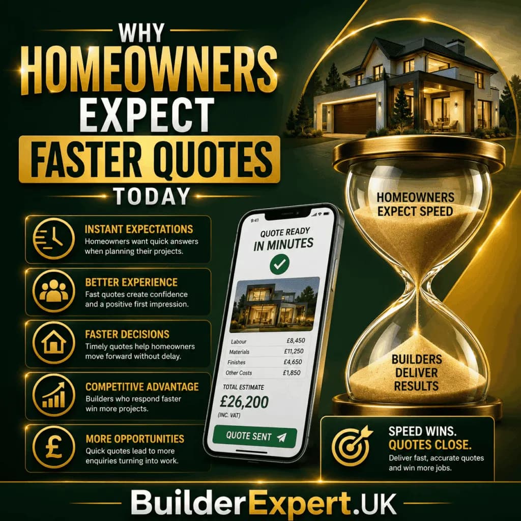 Alt Text Why Homeowners Expect Faster Quotes Today infographic featuring digital quotation systems, residential renovation projects, instant estimating technology, online construction pricing tools, and British pound (£) cost indicators. The visual highlights faster response times, improved customer expectations, quicker project decisions, and modern estimating solutions for builders.