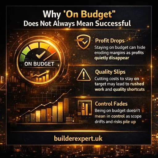 Infographic explaining why being on budget does not always mean a successful project, highlighting profit loss, quality risks, and loss of cost control