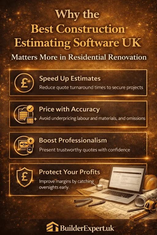 Infographic explaining why the best construction estimating software UK matters more in residential renovation, highlighting faster estimates, accurate pricing, improved professionalism, and stronger profit protection, with BuilderExpert.uk branding.