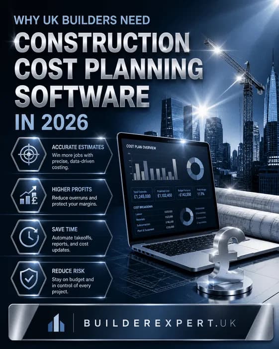 Infographic showing why UK builders need construction cost planning software in 2026 including cost control, profit growth, and real-time project tracking