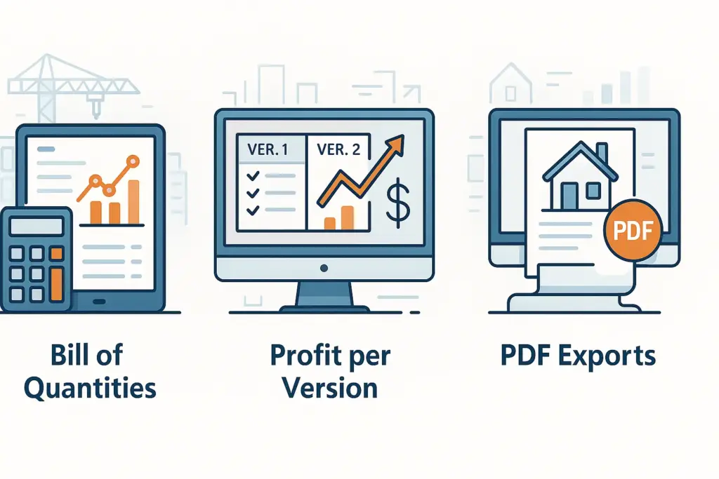 Construction estimating tools including Bill of Quantity, Profit per Version, and PDF export.