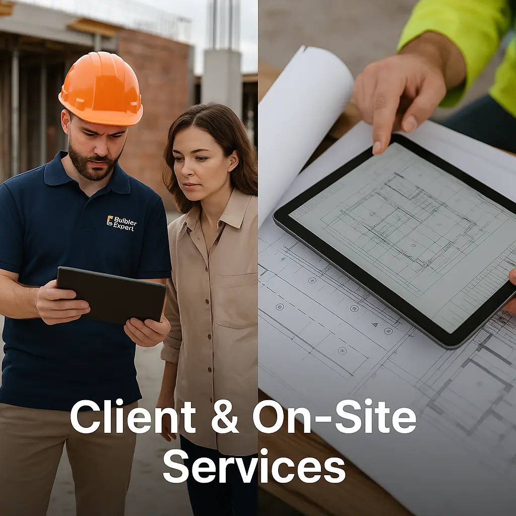 Construction estimating consultation on-site with a contractor and client reviewing digital project plans on a tablet.