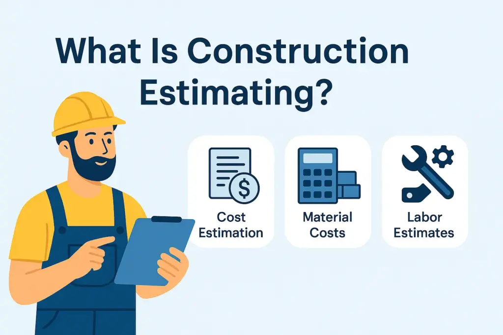 Illustration showing construction estimating concepts like cost estimation, material costs, and labor estimates — used in Builder Expert's construction estimating tools.