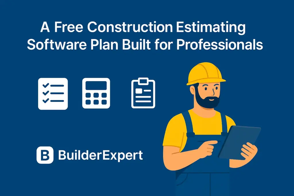 Graphic highlighting BuilderExpert's free construction estimating software features for professionals, including material costs, task management, and browser-based access