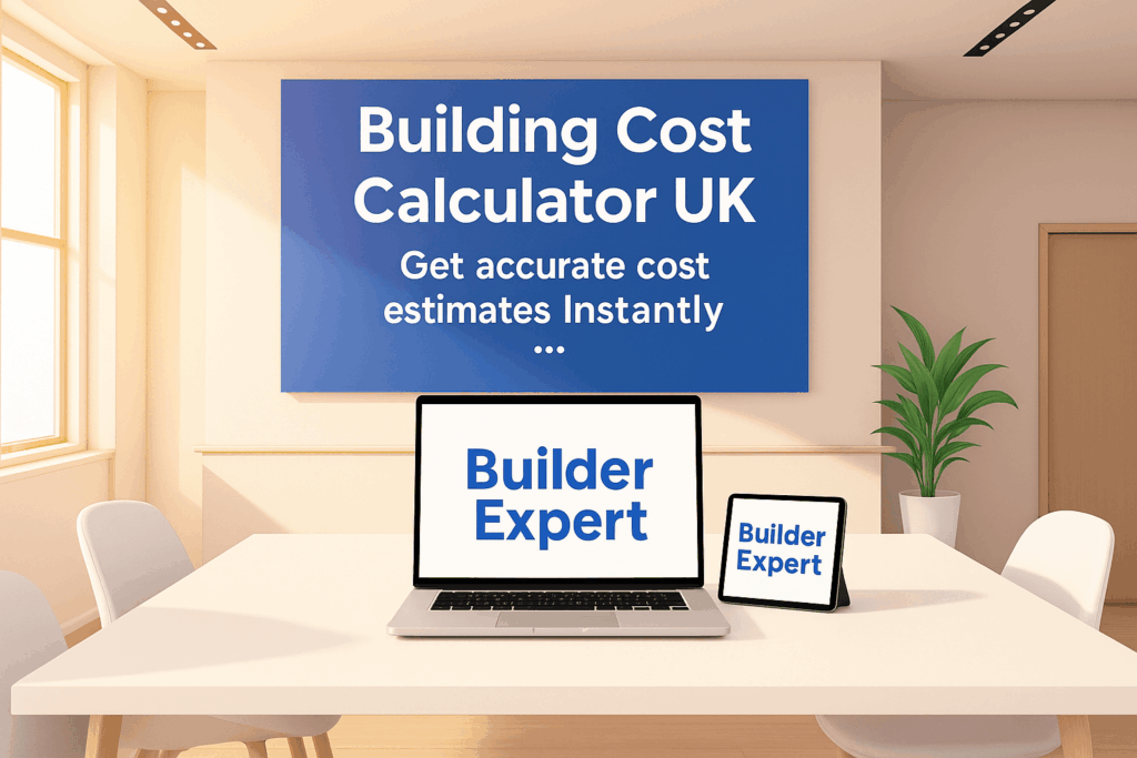 A digital illustration of an office scene featuring a laptop and tablet displaying the Builder Expert logo, promoting a Building Cost Calculator UK tool with a clear blue banner in the background.