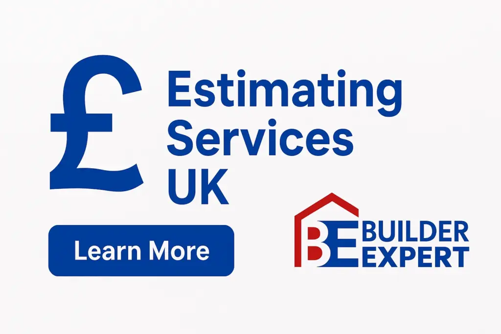 Estimating Services UK banner featuring a blue pound symbol, a 'Learn More' button, and the Builder Expert logo on a clean white background.