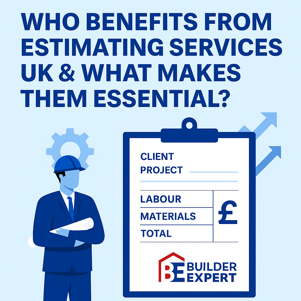 Thumbnail image showing a construction professional and a cost estimate clipboard, with the title 'Who Benefits from Estimating Services UK & What Makes Them Essential?' and the Builder Expert logo.