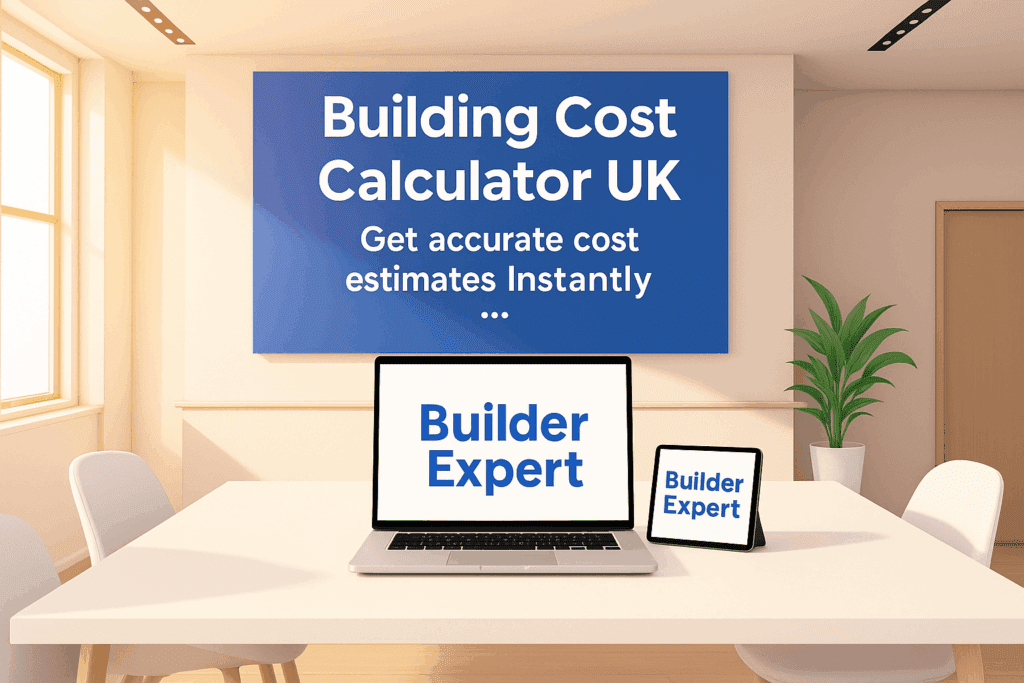 Building Cost Calculator UK: Get Accurate Estimates Instantly 1 A digital illustration of an office scene featuring a laptop and tablet displaying the Builder Expert logo, promoting a Building Cost Calculator UK tool with a clear blue banner in the background.