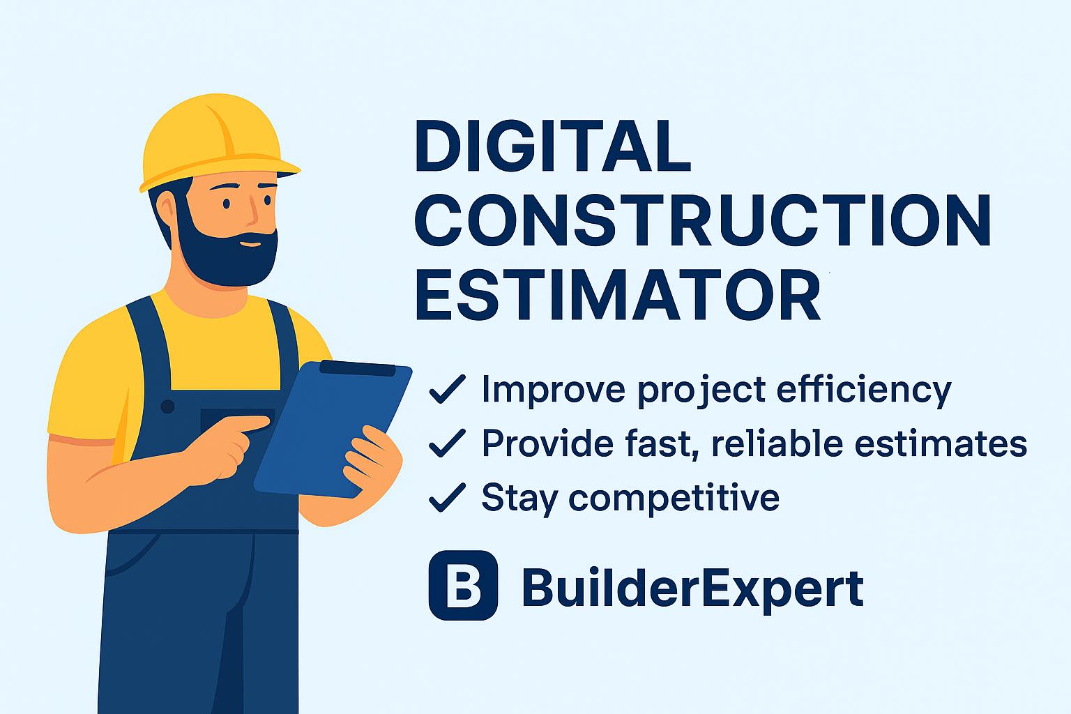 A promotional digital graphic for BuilderExpert, a digital construction estimator. The image highlights key features such as fast estimating, real-time pricing, and professional output. It resembles a card layout similar to previous BuilderExpert feature thumbnails.