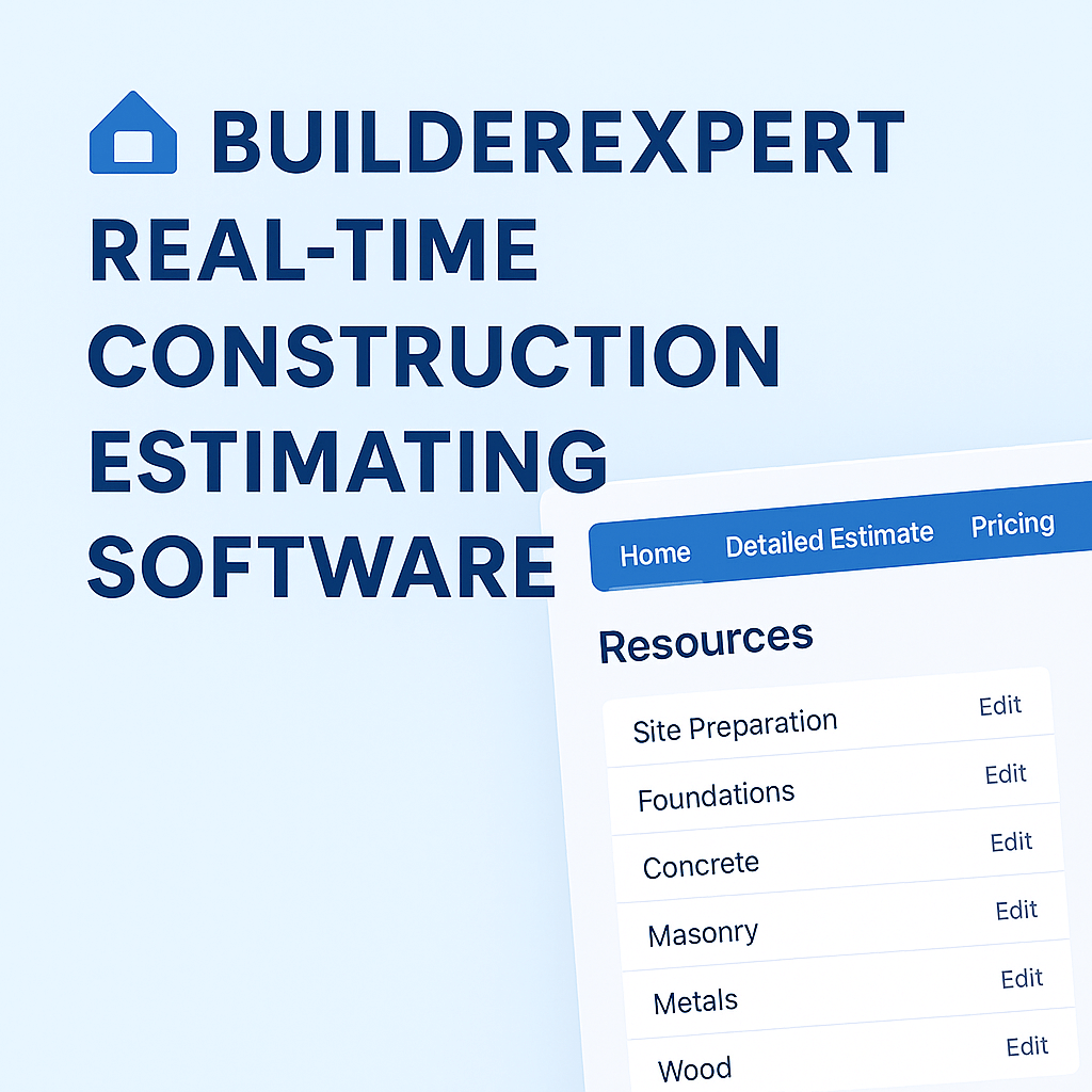 BuilderExpert real-time construction estimating software showing live resource cost data and material selections