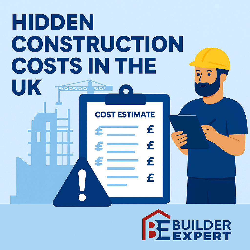 Illustration highlighting hidden construction costs UK homeowners often overlook, created by Builder Expert.