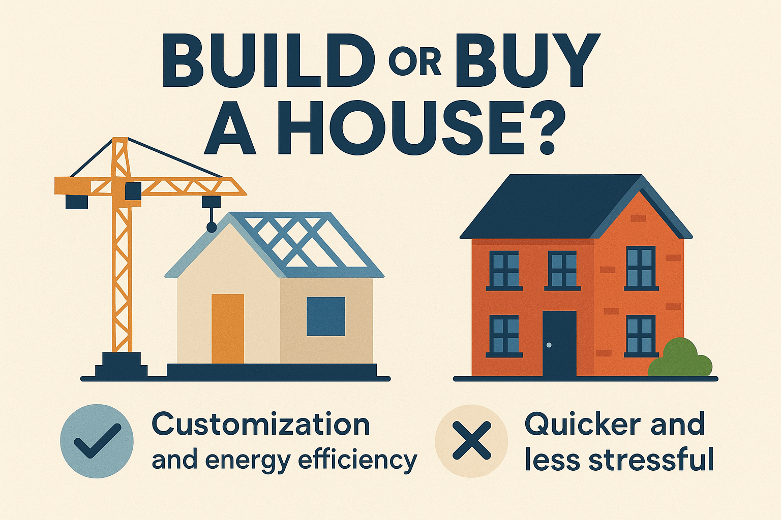 Infographic showing key benefits when deciding whether to build or buy a house, highlighting customisation and energy efficiency versus speed and ease.