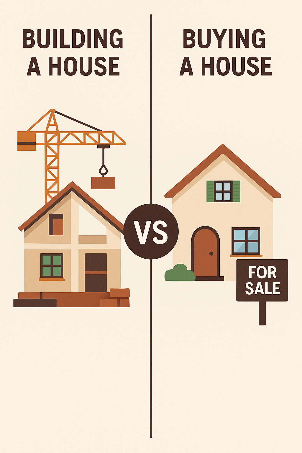 Illustration comparing the options to build or buy a house, with a construction site on one side and a completed home for sale on the other.