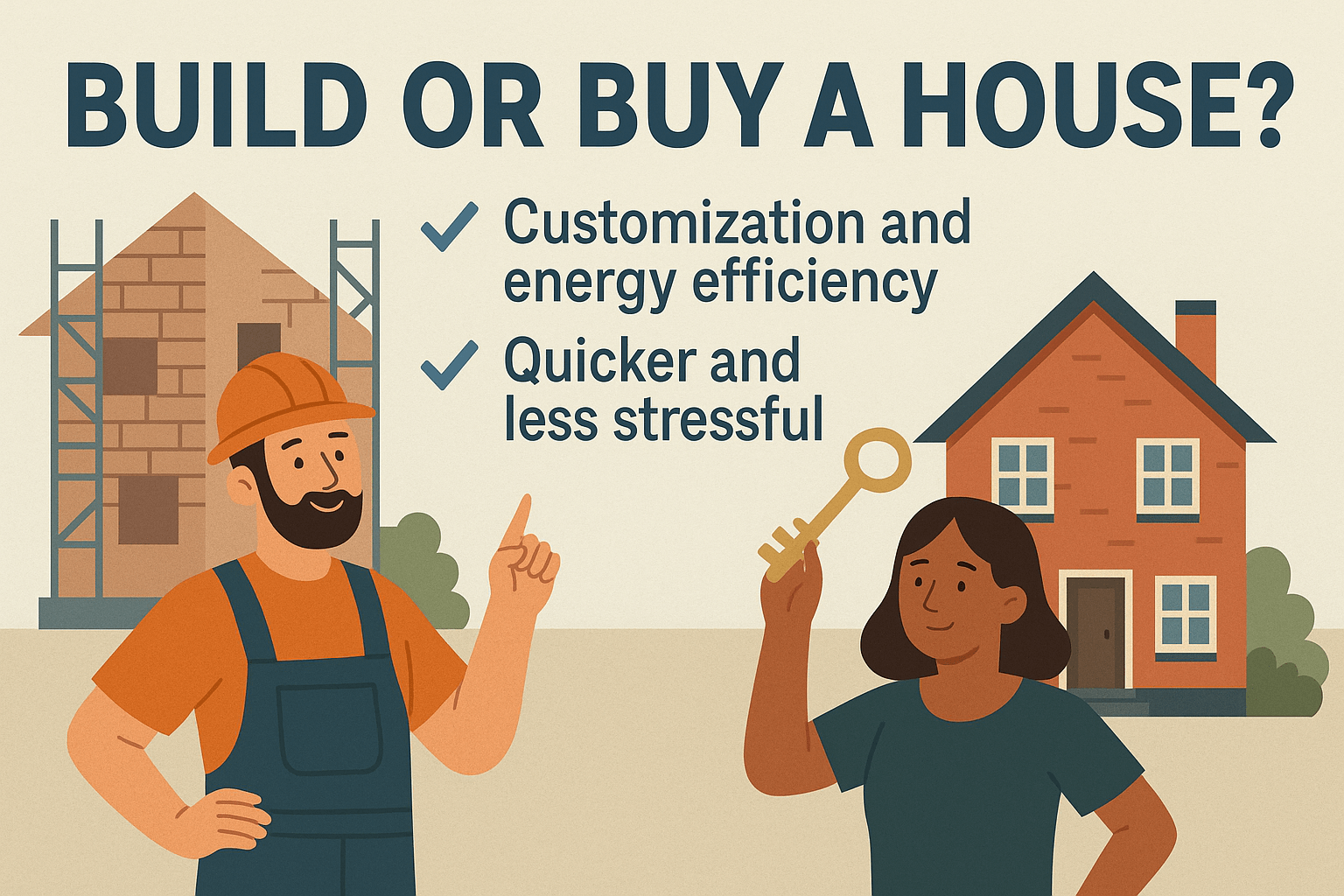 Visual comparison of a builder and a homebuyer to illustrate lifestyle choices when choosing to build or buy a house in the UK.